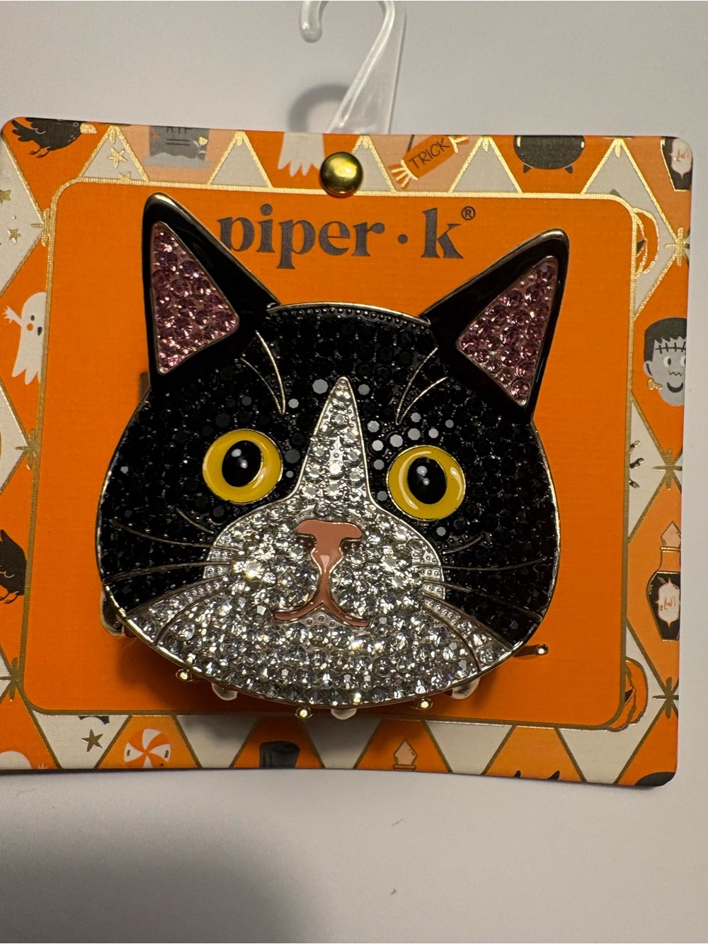 piper·k Black & White Cat Face Brooch with Pink Ear Accents